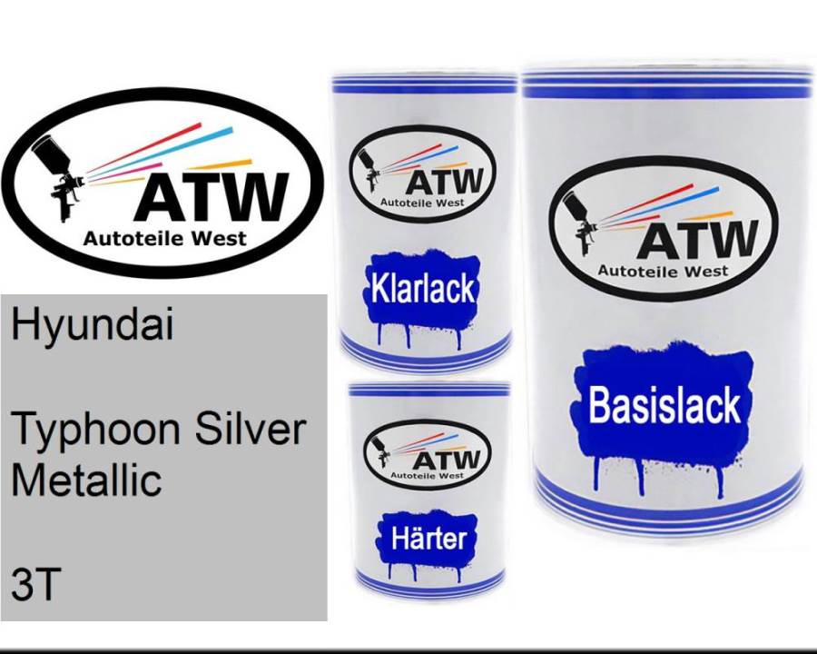 Hyundai, Typhoon Silver Metallic, 3T: 500ml Lackdose + 500ml Klarlack + 250ml Härter - Set, von ATW Autoteile West.